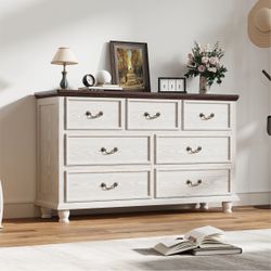 Dresser For Bedroom With 7 Drawers, 54" Wide Modern Chest Of Drawers With Hidden Jewellery Drawer, Solid Wood Legs, Storage Dressers Organizer For Liv