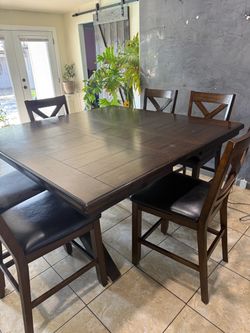 Large Square Wooden Counter-Height Dining Table with 8 Chairs