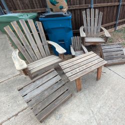Wooden Adirondack Chairs + Table + Footstools 