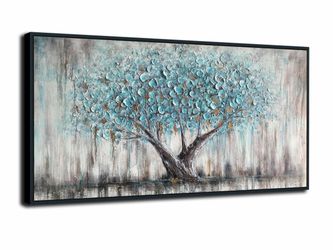 Brand New! Arjun Framed Blue Tree Canvas Wall Art Tree of Life Teal Living Room 40x20