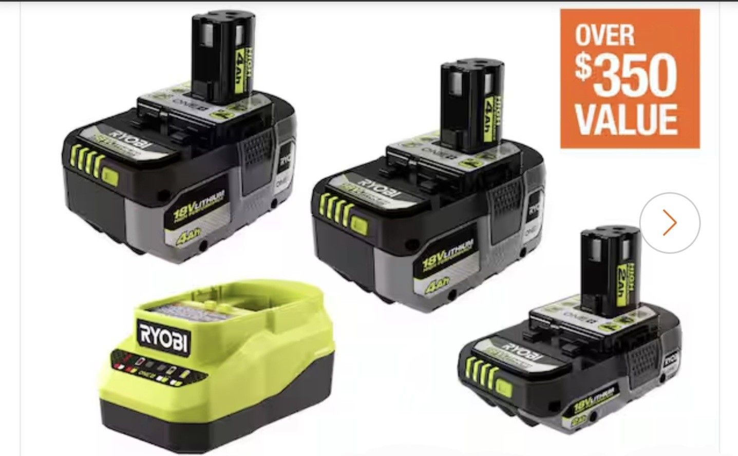 RYOBI
ONE+ 18V Lithium-Ion HIGH PERFORMANCE Starter Kit with 2.0 Ah Battery, (2) 4.0 Ah Batteries, and Charger (NEW, SEALED, WITH WARRANTY AND RECEIPT