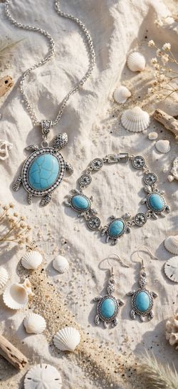 Boho Turquoise Sea Turtle Necklace Bracelet Earrings Set - New