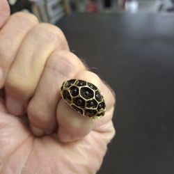 Goldtone Dome Ring With Black Crystals, Resizable Size 5.5