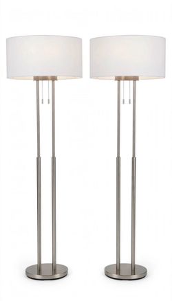 Pair of Modern Double Floor Lamps - Brushed Nickel - White Drum Shade - NEW - Set of 2✨