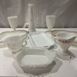 Awesome lot of white glass including some milk glass trays cups vases
