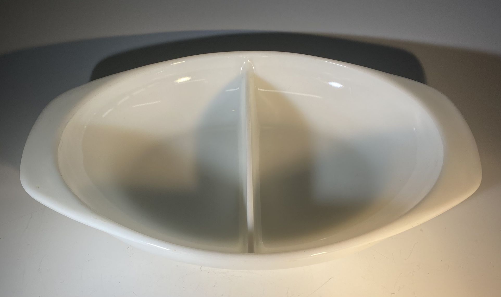 Pyrex 1083 Milk Glass Divided Oval Casserole Bake & Serve Dish 1 1/2"