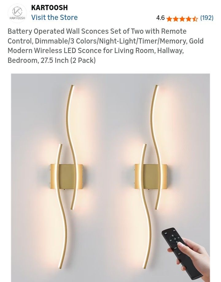 Battery Operated Wall Sconces Set of Two with Remote Control, Dimmable/3 Colors/Night-Light/Timer/Memory, Gold Modern Wireless LED Sconce for Living R