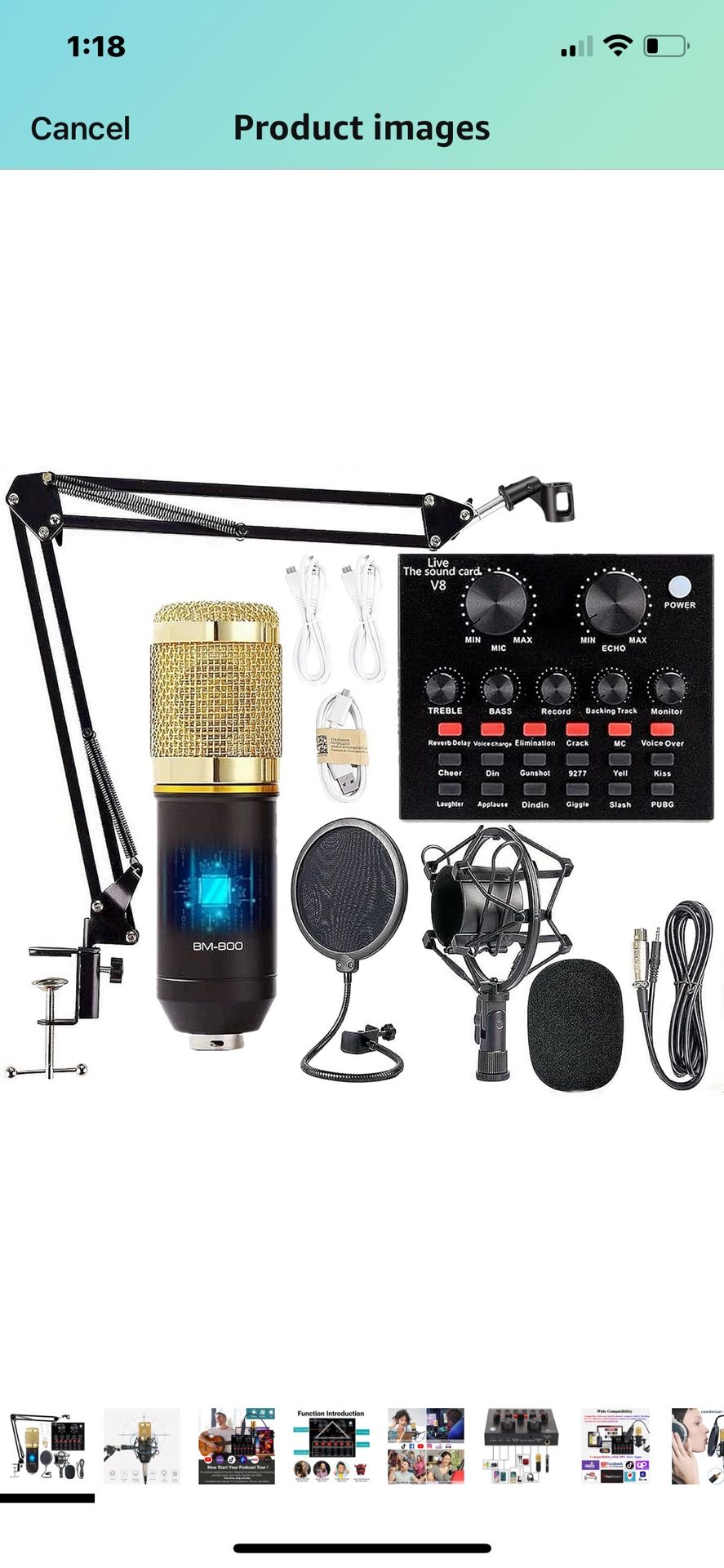 Podcast Equipment Bundle, BM-800 Mic Kit with Live Sound Card, Adjustable Mic Suspension Scissor Arm, Metal Shock Mount and Double-Layer Pop Filter fo