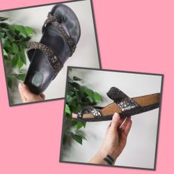BIRKENSTOCK Birko Flor Mayari Metallic Stone Print Slip On Sandals with Toe Loop Size 42