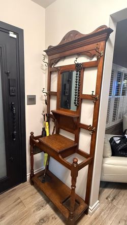 Vintage Solid Wood Hall Tree Coat Rack w/ Mirror, Hooks & Shoe Shelf