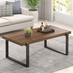 Modern Coffee Table, Rustic Wood and Metal Center Table, Walnut, 44 Inch