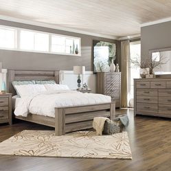Zelen Warm Gray-7Pc.Dresser Mirror -(QUEEN) Panel BED 2 Nightstands~⭐