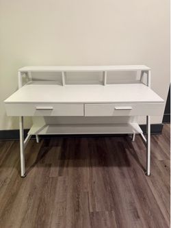 Modern White Computer Desk with Hutch & Storage - Like New