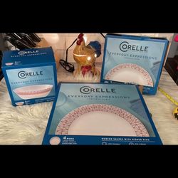 New Corelle Graphic Stitch 12 piece Red Rim Everyday expressions dinnerware set