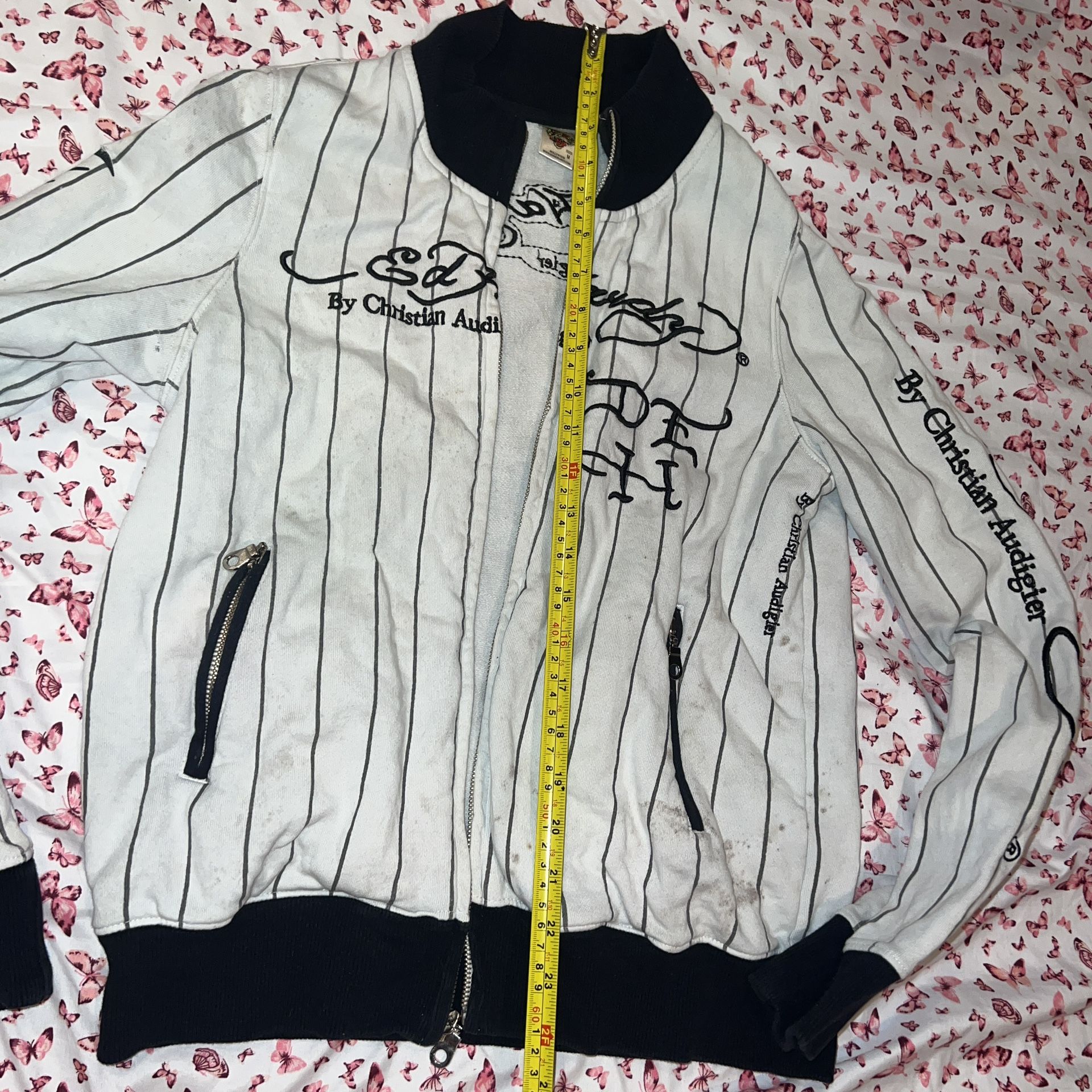 Vintage Medium Black White Striped Ed Hardy Jacket Hoodie Y2K Baseball Deadstock