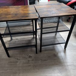 Industrial Style Side Tables / End Tables with Metal Storage Shelves (Set of 2)