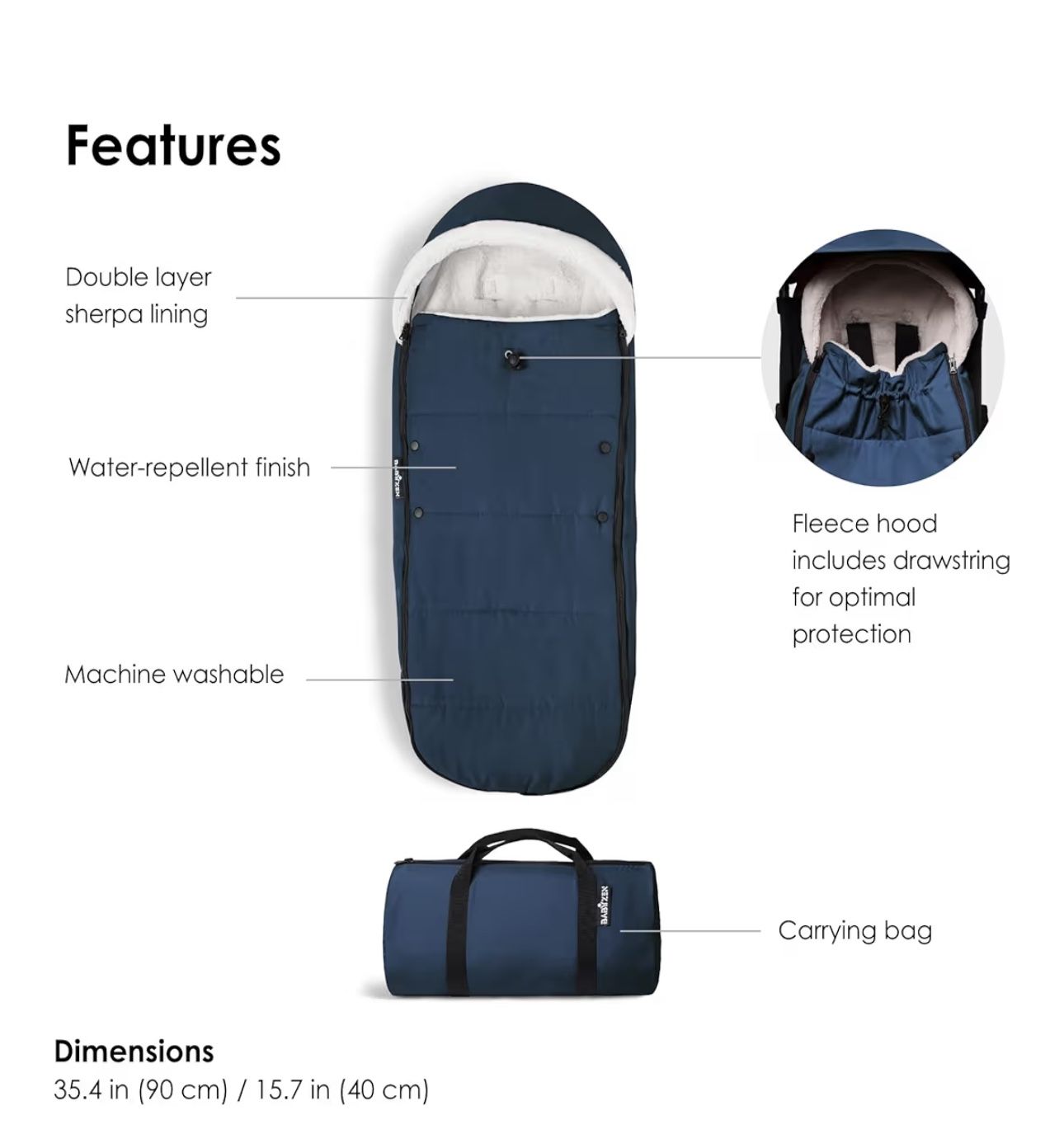 YOYO stroller Footmuff, Navy Blue - Sherpa Lining & Fleece Hood