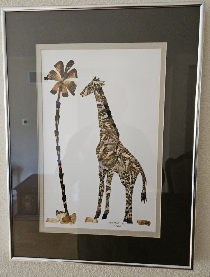 African art made from real, ethically sourced butterfly wings. Giraffe and Palm Tree.