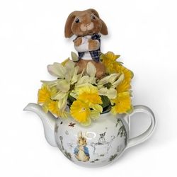 Beatrix Potter Teapot Floral Centerpiece Arrangement with Plush Peter Rabbit Bunny Spring Easter Decor