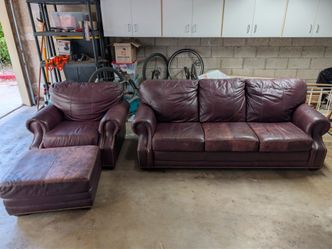 Burgundy Leather Sofa, Chair, and Ottoman Set