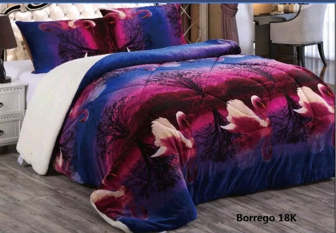 3pc Set Borrego Blanket Thermal Swan / cobertor aborregado de cisnes
