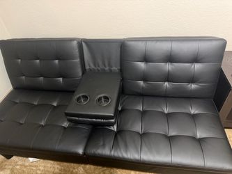 Black Faux Leather Futon Sofa with Cup Holders