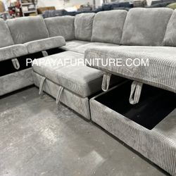 New 120” Large U Shape Sectional Sofa With Pull Out Bed Storage Chaise Fabric Couch 