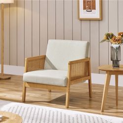 Boucle Fabric Accent Chair, Vintage Rattan Vanity Chair with Wood Armrest and Legs for Living Room Bedroom Makeup Room