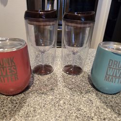 Wine Glasses 2 Stainless 2 Plastic - All 4 Have Lids