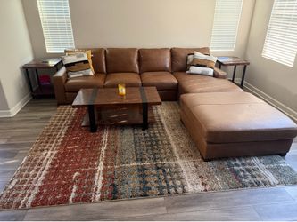 Complete Living Room Set – Brown Leather Sectional, Tables & Area Rug – Excellent Condition