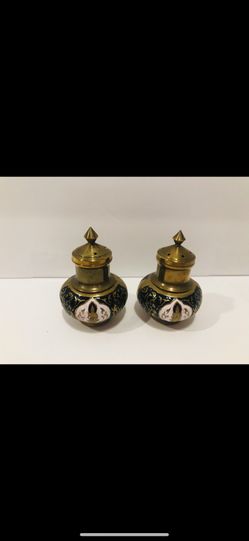 Vintage Brass & Blue Enamel India Hindu Deity Salt and Pepper Shakers Cloisonné 