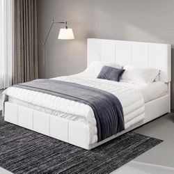 Allewie Queen Size Dutch Velvet Upholstered Platform Bed Frame/Vertical Channel Tufted Adjustable Headboard/Low Profile Bed Frame/No Box Spring Needed