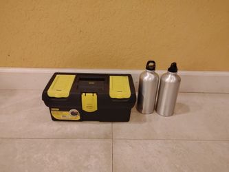Small toolbox and two metal flasks