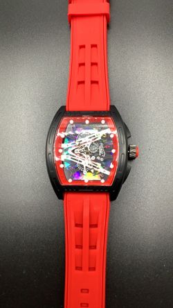 Skeleton Dial Watch Holographic Design with Red Rubber Strap