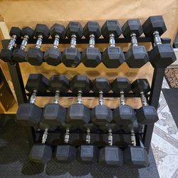 Open Box 5lb Thru 50lb Rubber Hex Dumbbell Set With Rack 
