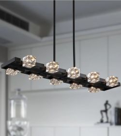 AMZASA Black Modern Crystal Chandeliers for Dining Room,10 Lights Large Industrial Rectangle Chandelier for Kitchen Island Dining Table Bar Cafe Resta