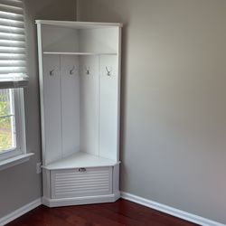 White Corner Coat Rack with Shoe Storage