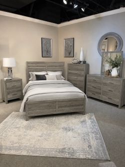 4 PIECE QUEEN BEDROOM SET: QUEEN BED FRAME, NIGHTSTAND, DRESSER, MIRROR