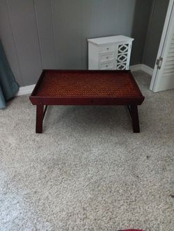 Folding Rattan-top Wooden Tray Table