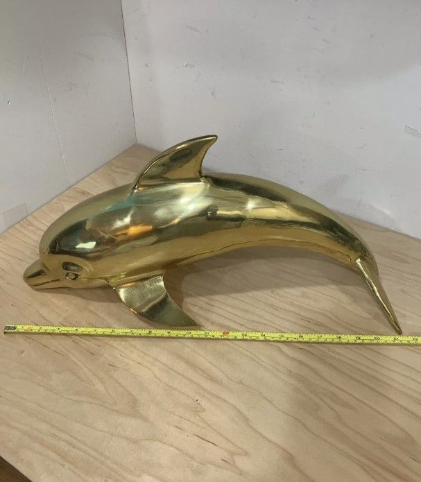 Vintage Large Solid Brass Dolphin Figurine 21'' 🐬