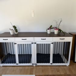 Extra Large Wooden Dog Crate Furniture with Divider and 4 Drawers White