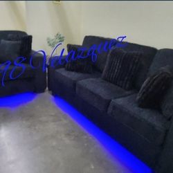 ✅️✅️2 pc black chenille fabric sofa and love seat set with square arms LED lighting✅️