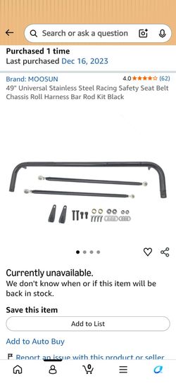 49" Universal Stainless Steel Racing Safety Seat Belt Chassis Roll Harness Bar Rod Kit Black