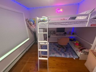 Full Size Loft Bed with L-Shaped Desk + Storage Chest – White (Great Condition)