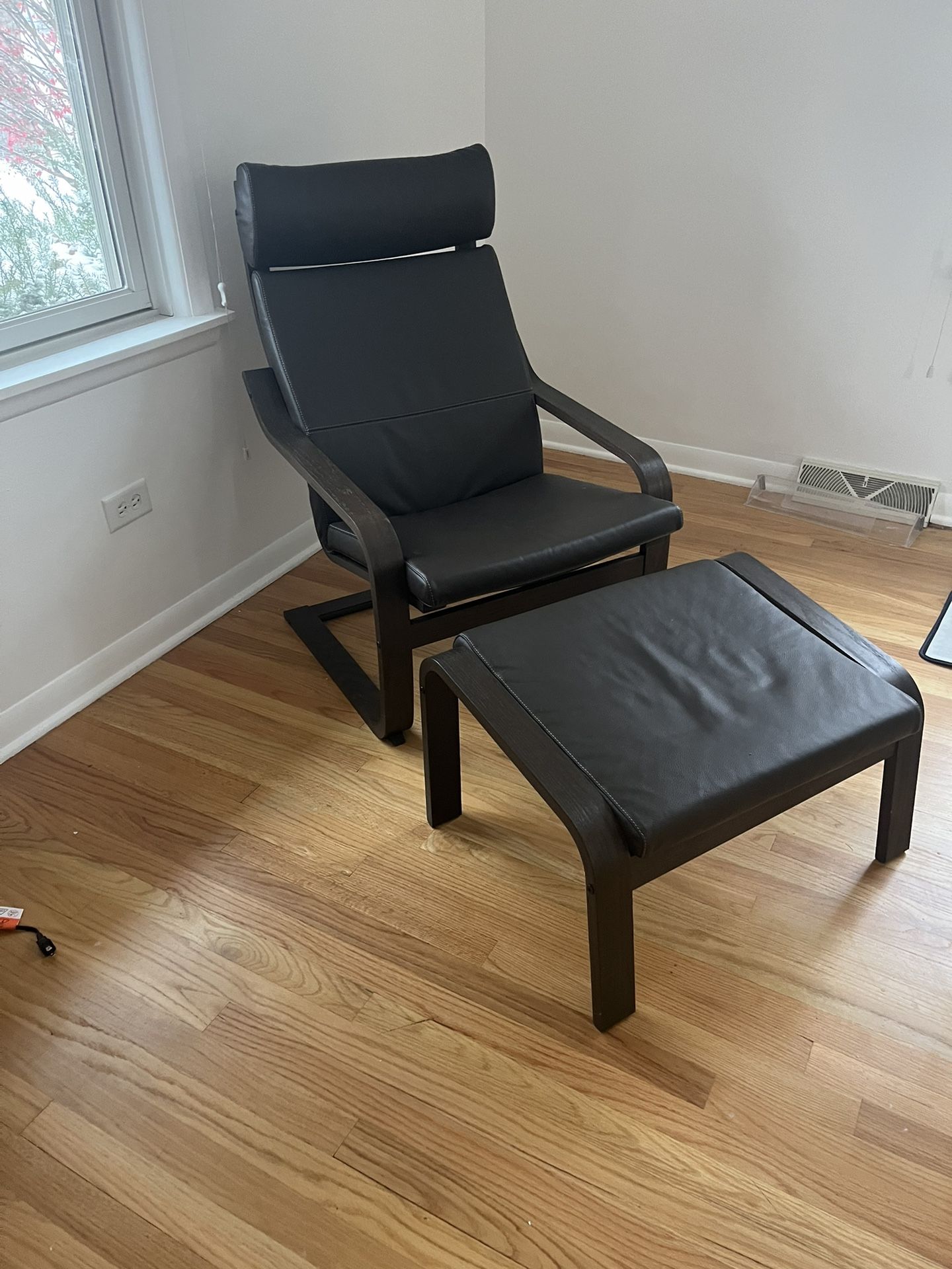 Brand New And Never Used Brown Faux Leather Chair And Ottoman With Wood Base