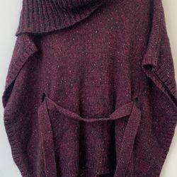 White House Black Market Metallic Belted Cowl Wool Poncho Burgundy Womens Medium