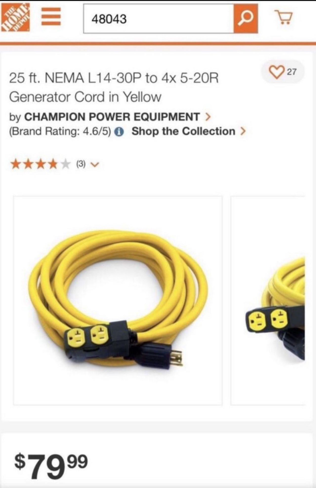 New Champion 25 Foot Generator Cable