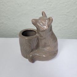 Vintage Fox Tree Stump Toothpick Matchstick Holder Porcelain Ceramic 3"