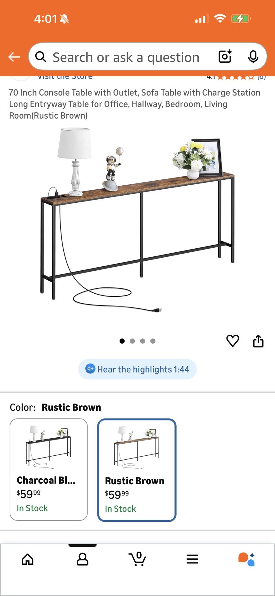 70 Inch Console Table with Outlet, Sofa Table with Charge Station