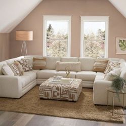 Brand New Ivory & Tan Super Plush Chenille U-Shaped Sectional Sofa (Ottoman Sold Separately)